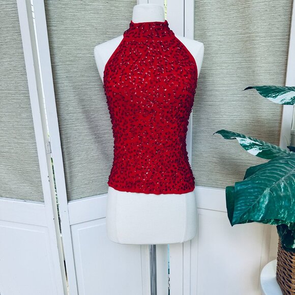 Vintage 90s Sleeveless Sequined Beaded Red Tank Sweater Dressy Xmas Sweater - Picture 2 of 7